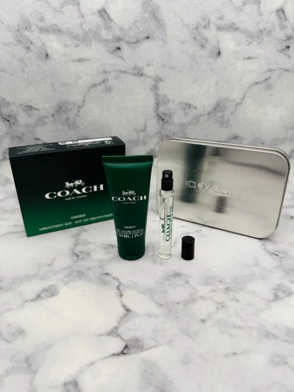 Coach Green EDT Discovery Kit-Metal Box,Shower Gel 30ml&Mini Spray 7.5ml-2pc-NEW